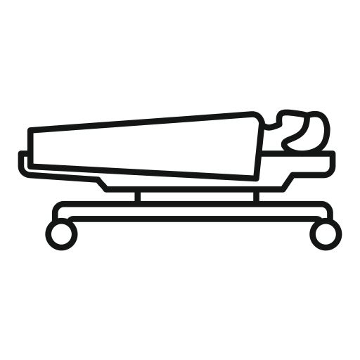 Outline icon of a patient lying on a hospital stretcher with wheels.