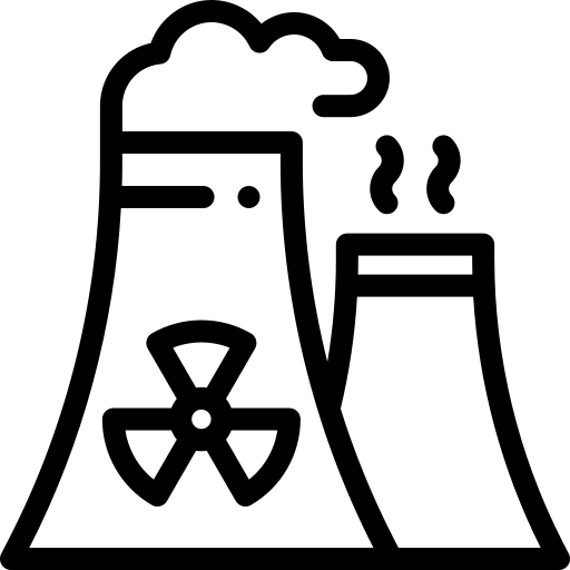 Black-and-white icon of a nuclear power plant showing two cooling towers, one emitting steam, with a radiation hazard symbol on the front.