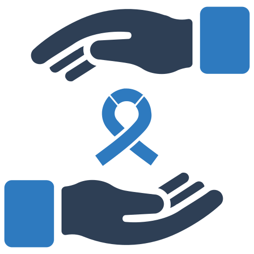 Illustration of two protective hands surrounding a cancer awareness ribbon, symbolizing care, early detection, and preventive oncology.